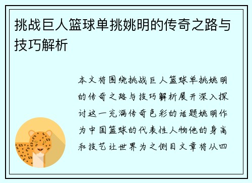 挑战巨人篮球单挑姚明的传奇之路与技巧解析